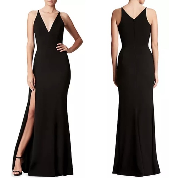Dress the Population Iris Crepe V-Neck Slit A-Line Gown Maxi Dress Black Large